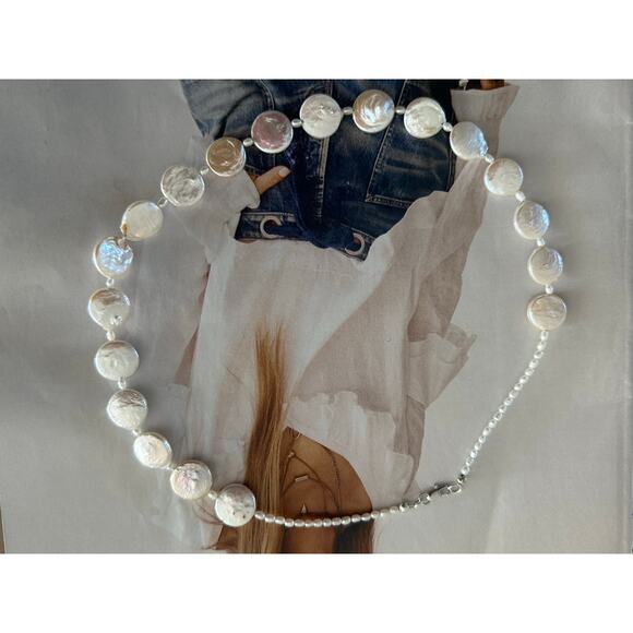 Freshwater Coin Pearl Necklace 16” • Statement Pearl Collar Necklace - Picture 2 of 5